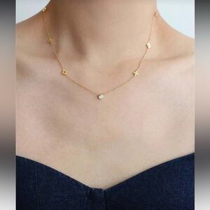 Set/3 Clover Stainless Steel 18K Gold Layering Adjustable Necklaces Bezel Cut CZ